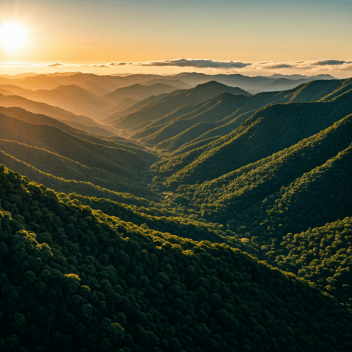 Vista panorâmica das montanhas do Vale do Itajaí ao amanhecer